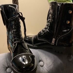 Black Patent Combat Boots with Stud Detail
